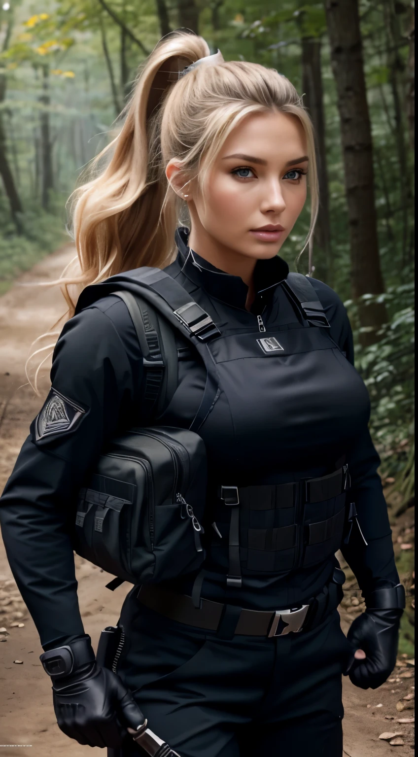 Hyperrealistisches Nahaufnahmefoto von Emily Sears, Meisterwerk, beste Qualität, (fotorealistisch:1.4), Schöne Frau, schlank, langes blondes Haar, Haare zu einem Pferdeschwanz gebunden, Pferdeschwanz-Haarschnitt, detailliertes Gesicht, Mit Blick in die Kamera, Foto aus der Ferne aufgenommen, Alter von 20 Jahren, Uniformen der Spezialeinheiten、schwarze taktische Weste、schwarze schwarze Militärhose、Schwarze Kampfhandschuhe、rucksack、Schwarzes schwarzes Militärunterhemd、Detaillierte Gesichts- und Brustdarstellungen、Detaillierte Handdarstellung、Kampfpose、dynamische Aktion、im Wald、weißer Rauch、Zuschauer beobachten