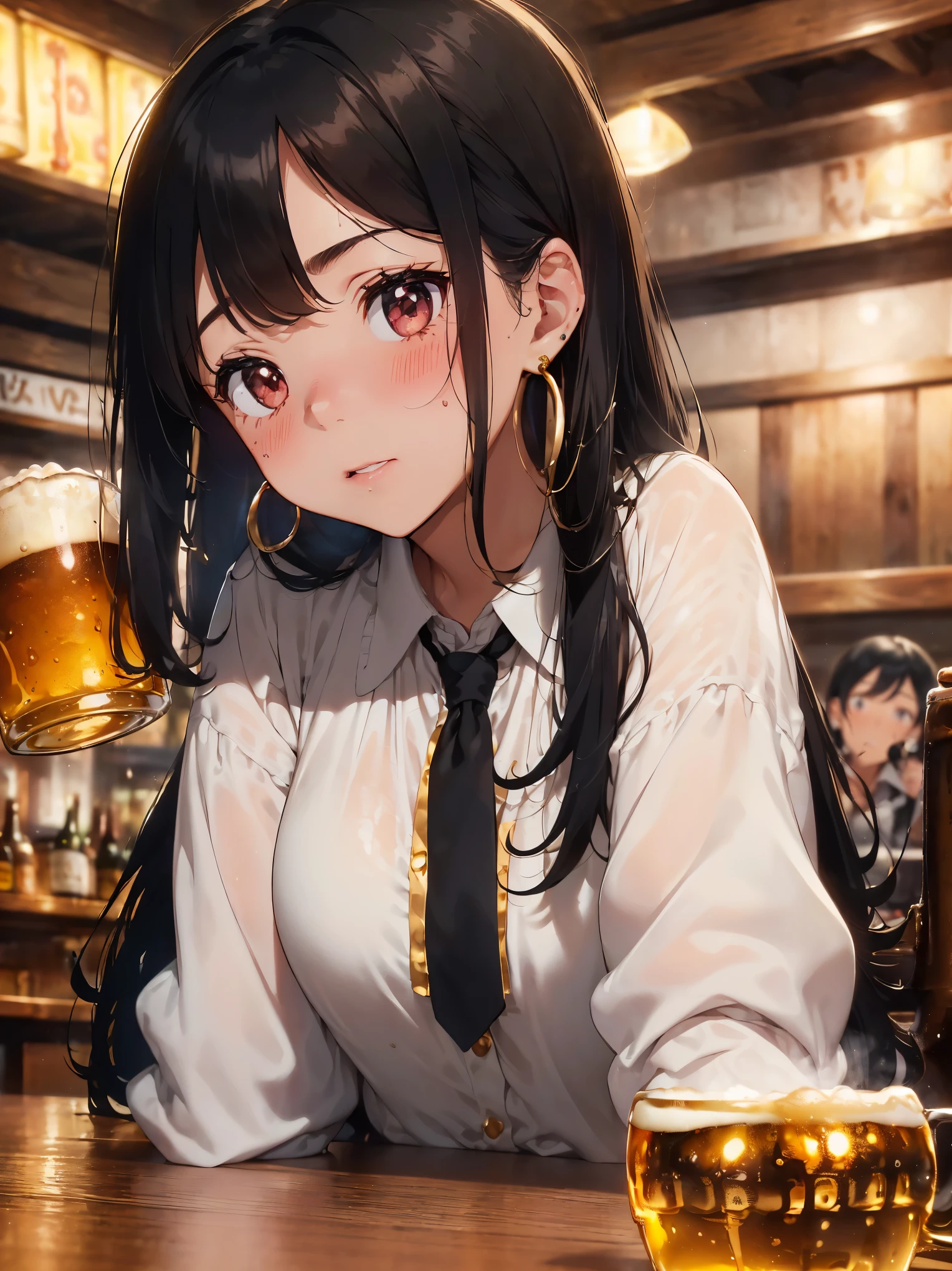 Anime girl with long black hair sitting at a table with a glass of beer -  SeaArt AI