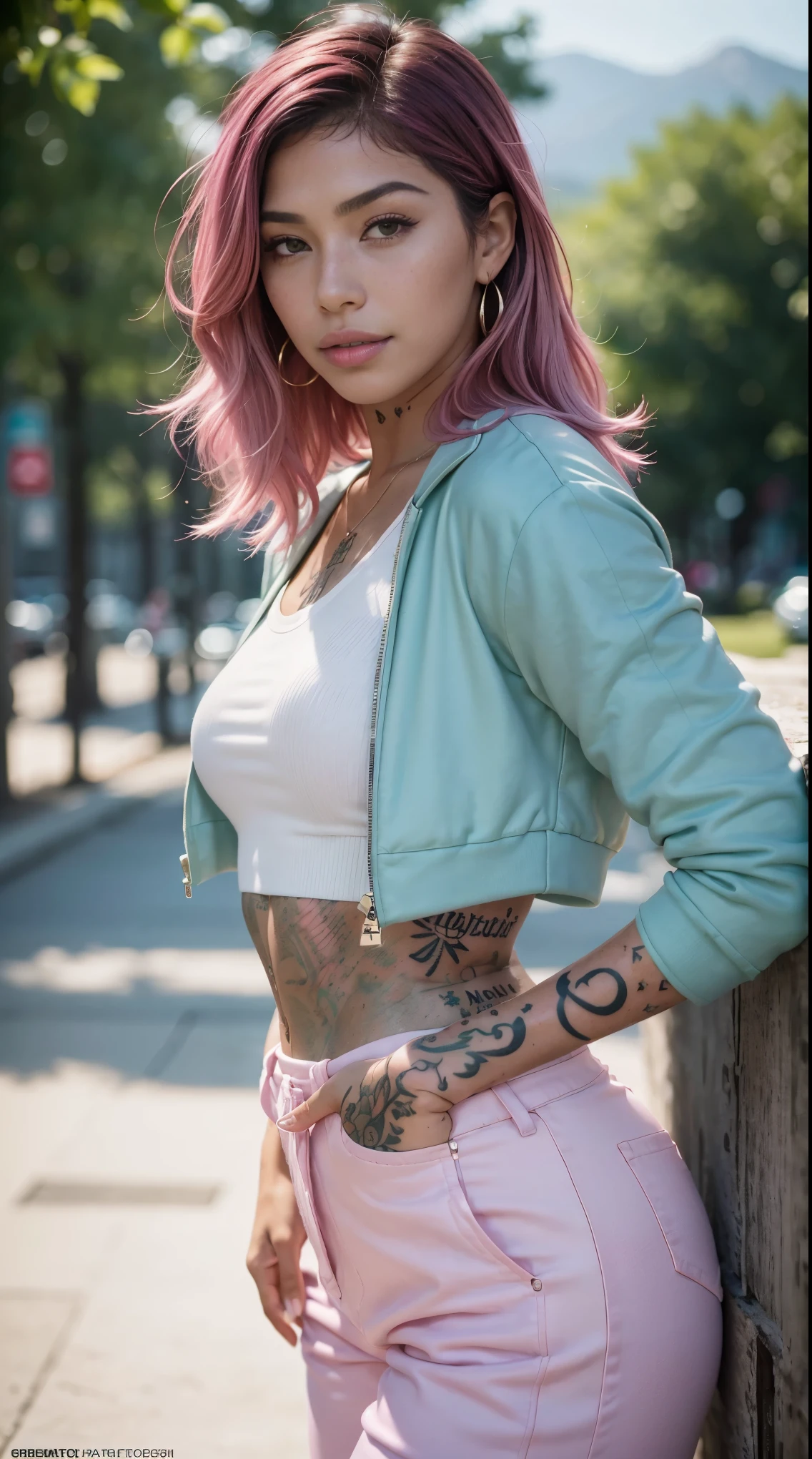 A woman with pink hair and tattoos standing on a sidewalk - SeaArt AI