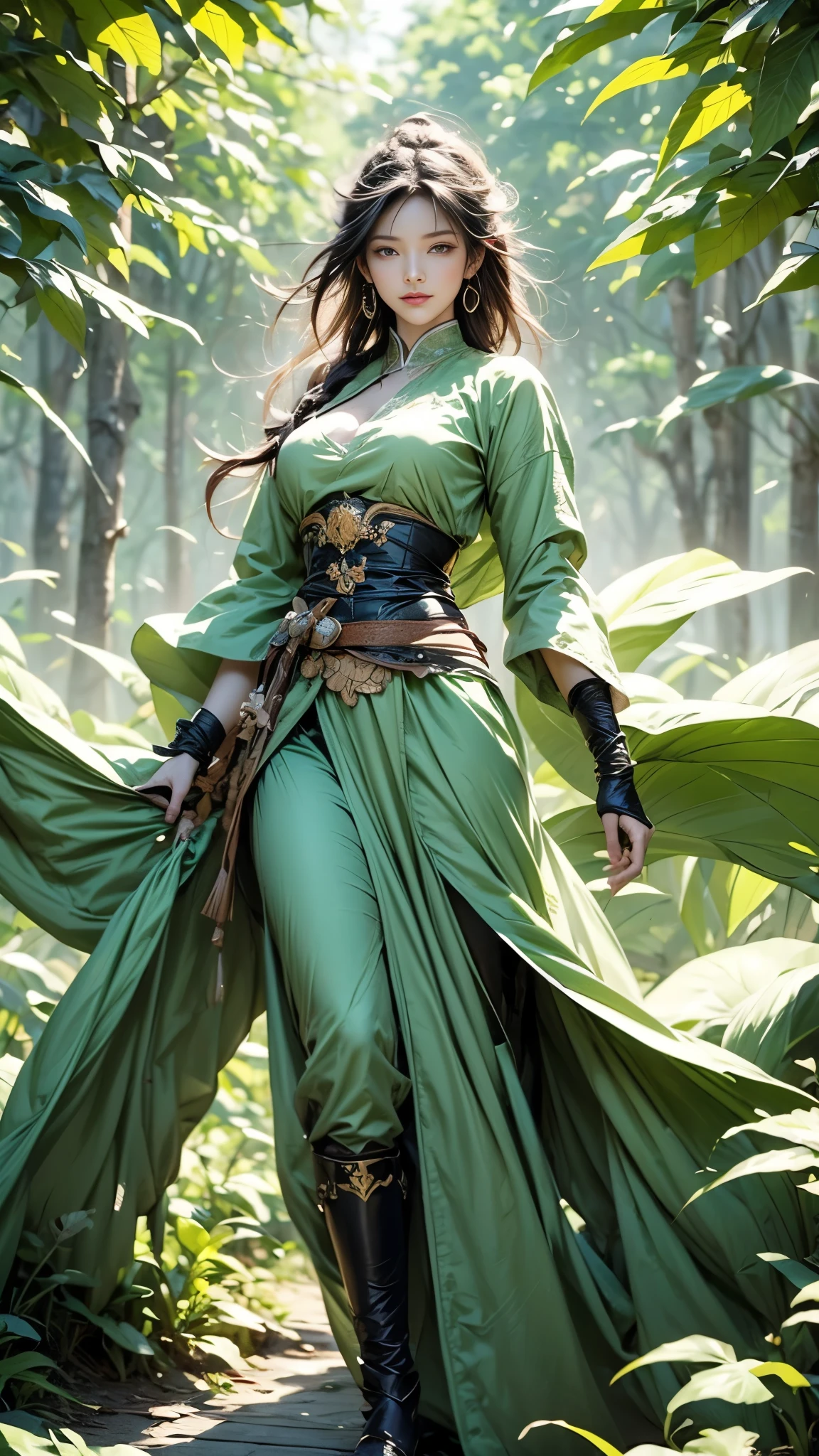 ((全身イラスト)), 高解像度|品質|対比. ファンタジーアート. 杖を持った女性戦士, ((攻撃ポーズ)), 視聴者を見て, 緑色の色合いの東洋の伝統的な戦闘衣装, 風 (彼女の周りの葉の渦:1.5). 彼女の体は平和と強さのエネルギーを発しており、平和と強さの白と緑の色を放っています.彼女の周囲に放射されるこのエネルギーは彼女を悪霊から守る. 柔らかい周囲光, ファンタジー夢の背景.