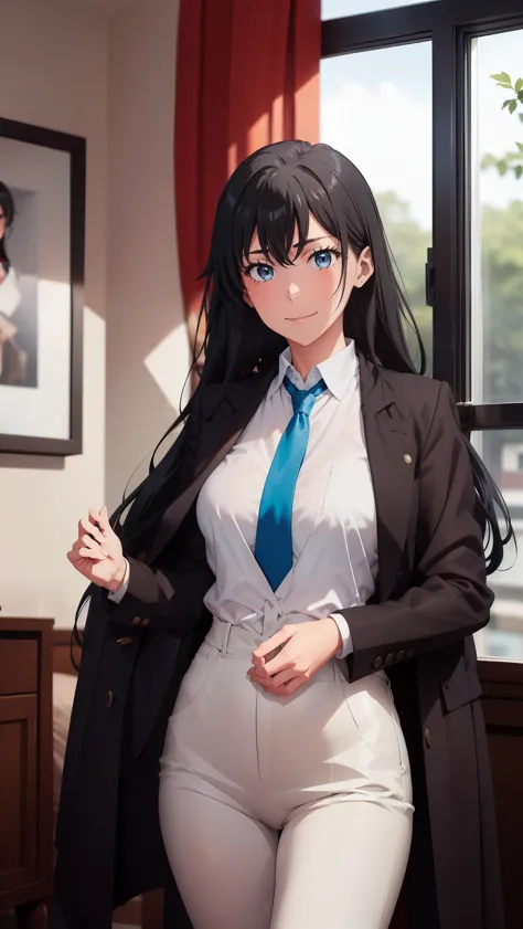 ((best quality)), ((masterpiece)), (detailed) 1girl, ;\), blurry, blurry_background, breasts, , hair_long looking_at_viewer, ok_sign, open_hand, Yukinoshita Yukino ,Woman wearing formal clothes, An attractive coat stands in a large gap in the room , 1girl,...