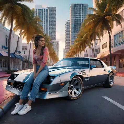 (intricate details), (masterpiece), (best quality), (realistic art), Young Lucia from GTA 6 (25 years old brown-skinned latina woman), sitting on the hood of a car.