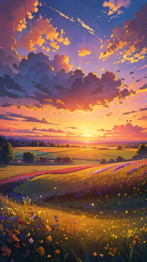 (best quality,highres,masterpiece:1.2),ultra-detailed,realistic:1.37,a beautiful image,a field of flowers,a sunset view,low angl...