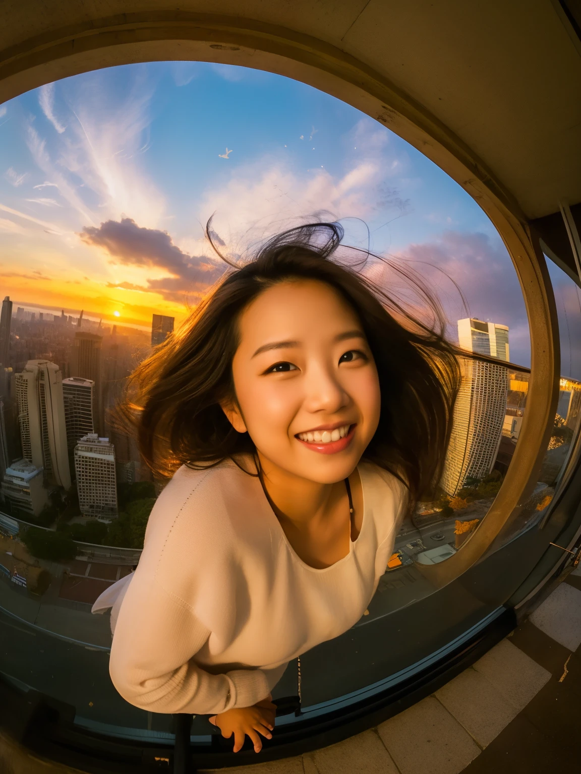 xxmixgirl,1 girl, Fisheye, self snap, Wind, messy hair, sunset, cityscape, (Aesthetics and atmosphere:1.2), gray hair,smile,movie girl