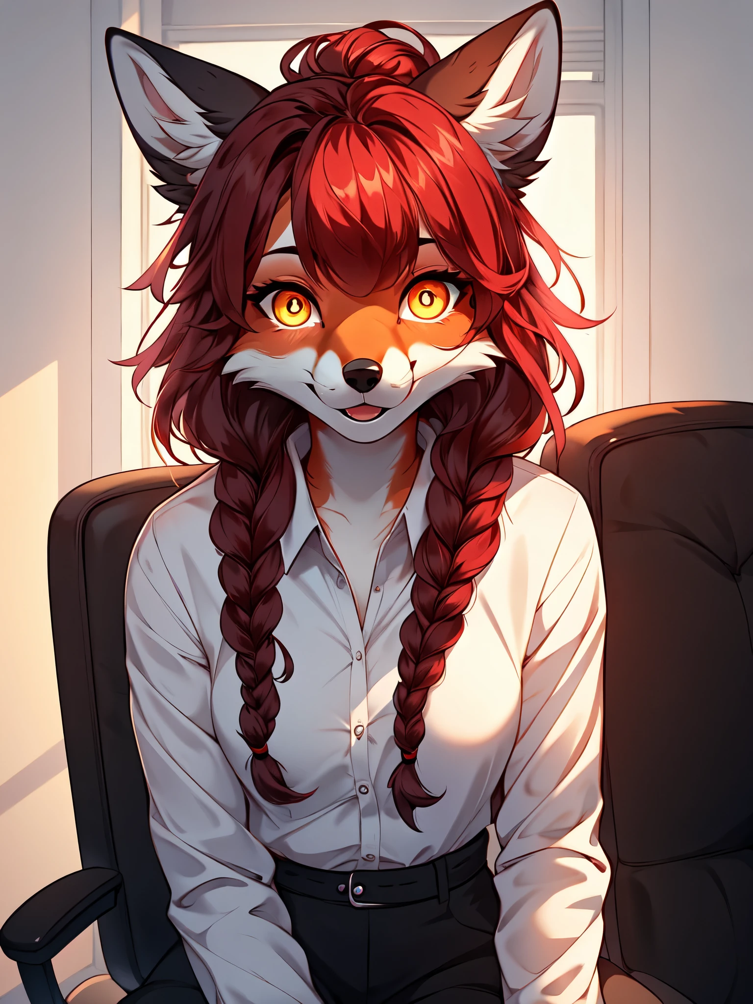 masterpiece, best quality, 1girl, yellow eyes, ringed eyes, red hair, hair tied in a braid, bangs on each side of the face, closed mouth, solo, upper body, white shirt , makima_dgs, by hyattlen, by fumiko, by hyoshiru, front view, furry anthro fox girl, red hair, red fox ears, cute snout, black nose, black pants, upper body shot, sitting on a chair, in an elegant office