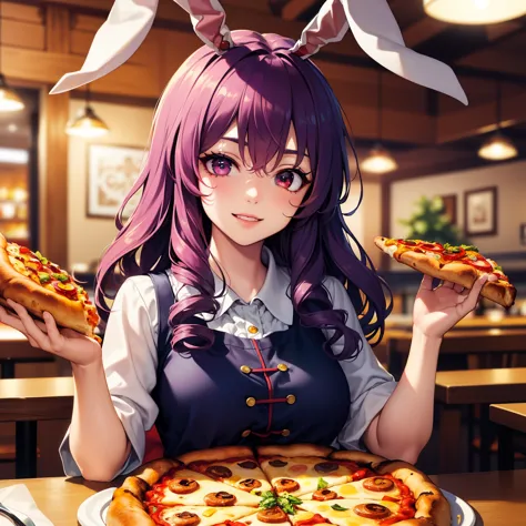 reisen_udongein_inaba_touhou with curly hair,(4k,highres,best quality:1.2),beautiful detailed eyes,detailed eyebrows,beautiful detailed lips,extremely detailed eyes and face,longeyelashes,1girl,near pizza,delicious pizza,appetizing food,restaurant ambiance...