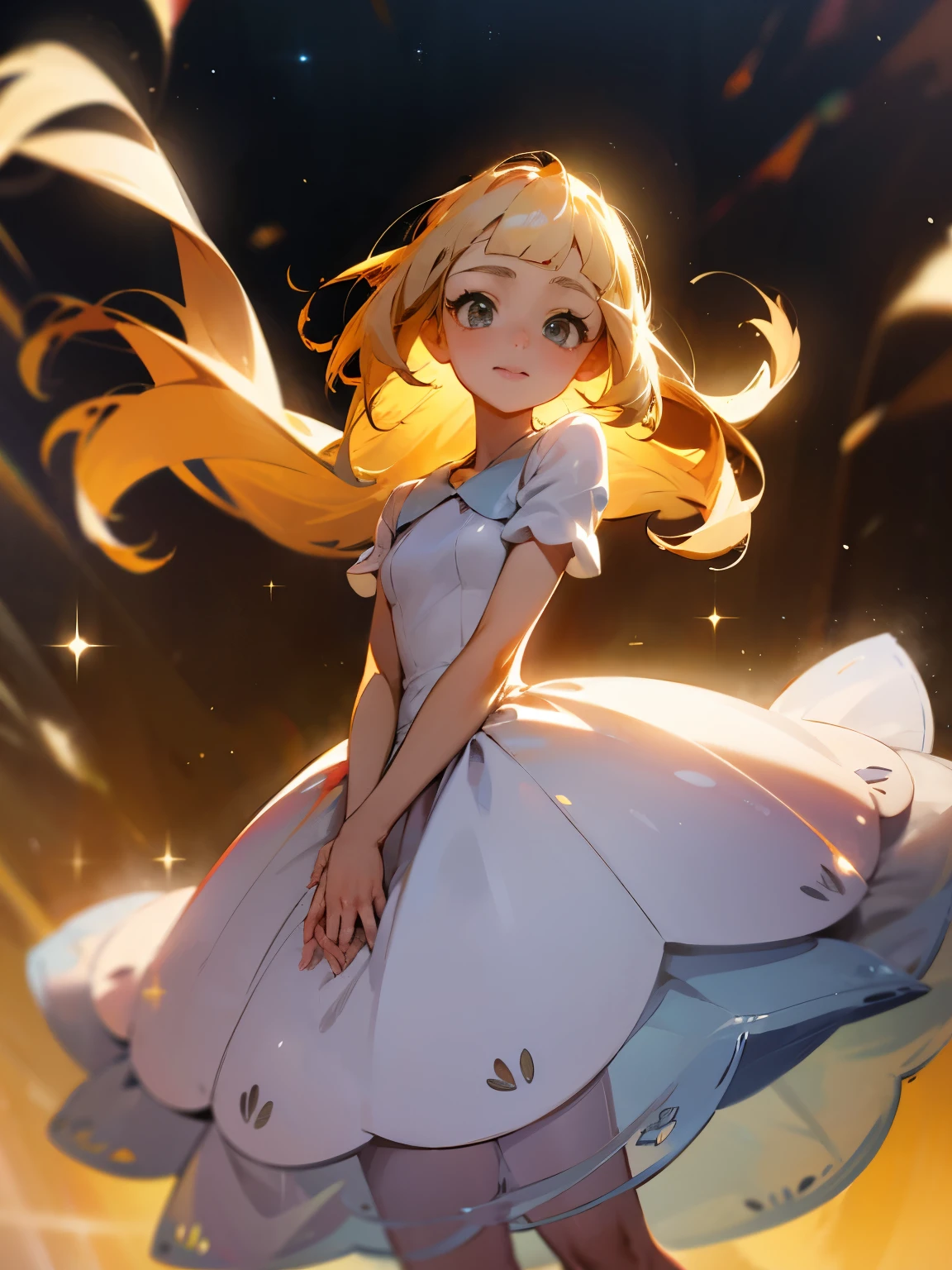 bioluminescent shiny glow, beautiful girl in flowing ballgown dress, Lillie wearing flowing organza galaxy dress, galaxy style dress, galaxy glow, sparkling, ethereal, fluffy flowing hair, silky glistening iridescent ash hair, long flowing silky hair, tender eyes, innocent, pure, cute, delicate, wholesome smile, sweet, tender, cozy, ethereal, flower breeze, GOOD EYE, PERFECT FACE, PERFEFT EYES, lillie from pokemon, Lillie