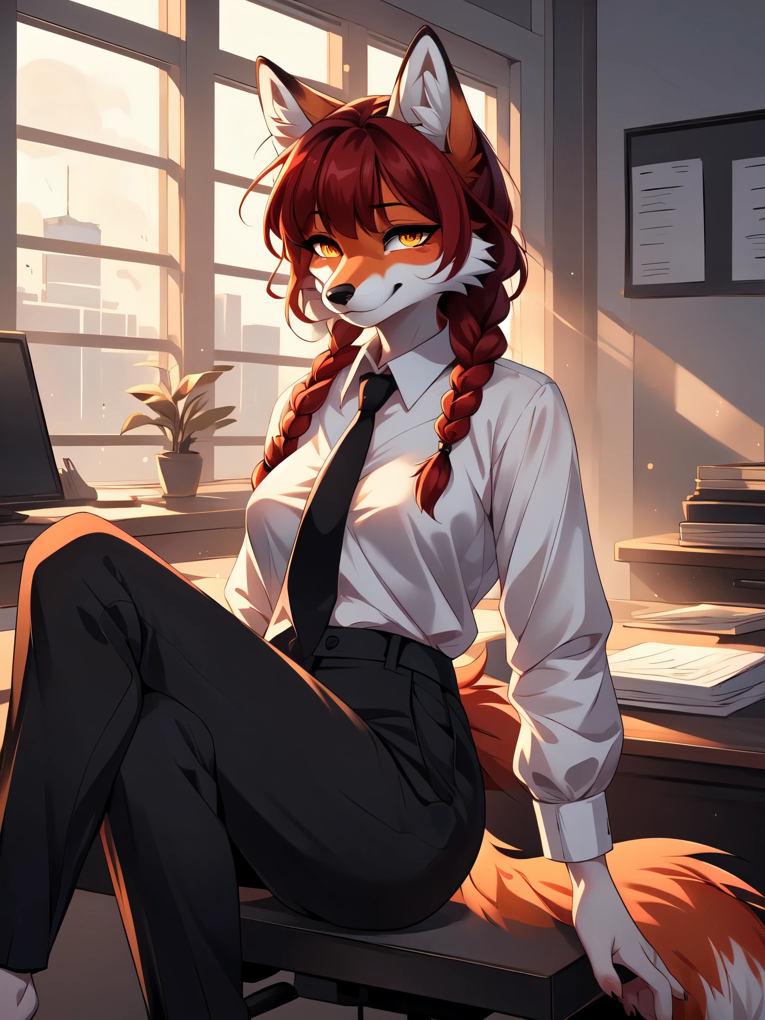 (masterpiece, best quality), 1girl, beautiful face,   makima, shirt, crimson red hair, braid, braided ponytail, glowing yellow eyes, ringed irises, straight bangs, collared shirt, white shirt, black pants, necktie, front view, red fox girl, anthro furry red fox, red fox ears, cute snout, black nose, sitting in an elegant office, legs crossed,  by fumiko, by hyattlen, by hioshiru, 