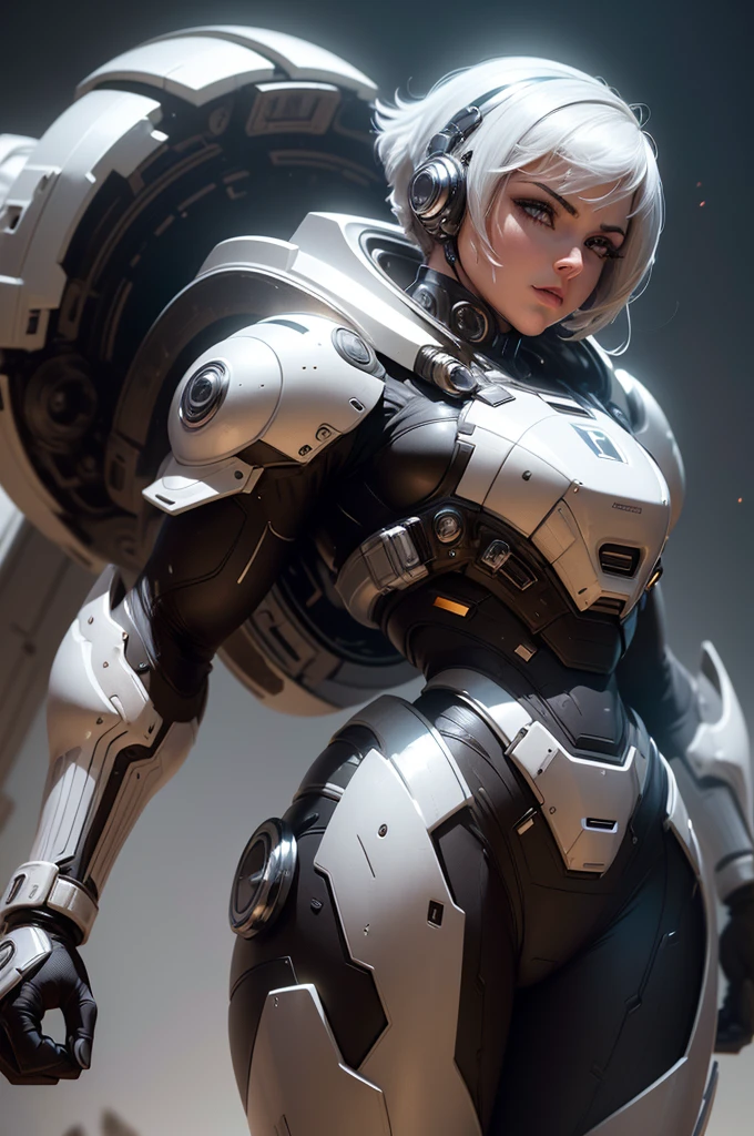 (best quality,8k:1.2,high resolution:1.2),ultra-detalhado,Realistic,retro science fiction female superhero,short hair,rosto extremamente detalhados,long eyelashes,shiny metalic chrome armor, Apertado,gloves,Physically-based rendering,foco nítido,white studio lighting