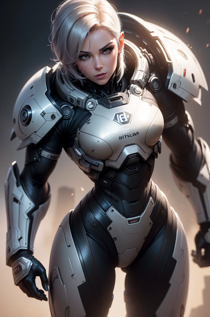 (best quality,8k:1.2,high resolution:1.2),ultra-detalhado,Realistic,retro science fiction female superhero,short hair,rosto extremamente detalhados,long eyelashes,shiny metalic chrome armor, Apertado,gloves,Physically-based rendering,foco nítido,white studio lighting