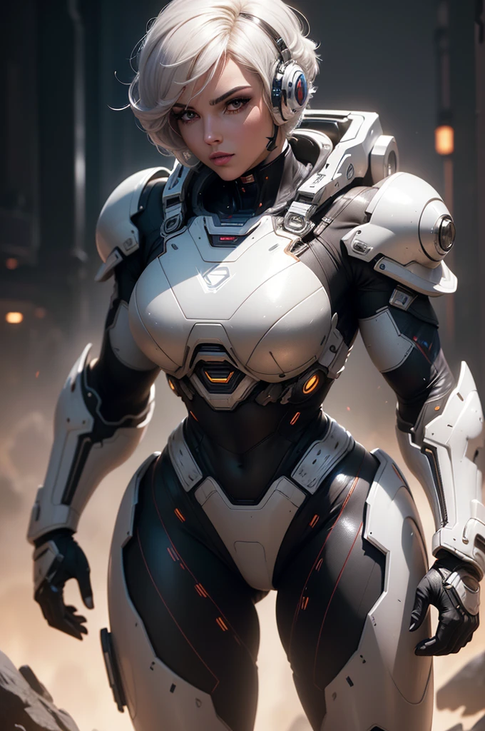 (best quality,8k:1.2,high resolution:1.2),ultra-detalhado,Realistic,retro science fiction female superhero,short hair,rosto extremamente detalhados,long eyelashes,shiny metalic chrome armor, Apertado,gloves,Physically-based rendering,foco nítido,white studio lighting