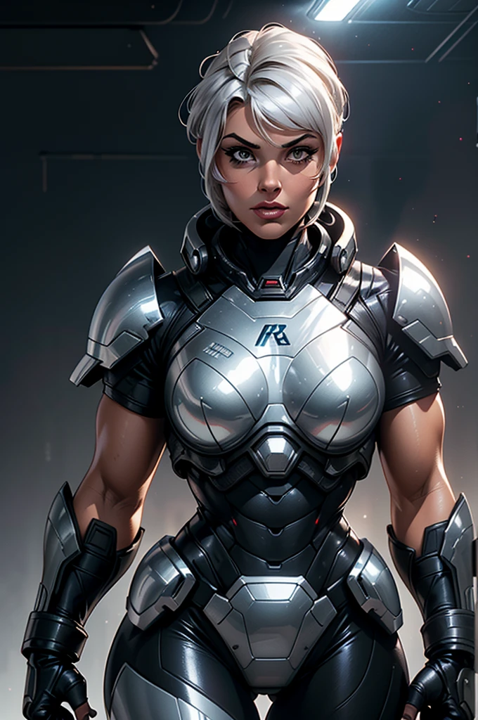 (best quality,8k:1.2,high resolution:1.2),ultra-detalhado,Realistic,retro science fiction female superhero,short hair,rosto extremamente detalhados,long eyelashes,shiny metalic chrome armor, Apertado,gloves,Physically-based rendering,foco nítido,white studio lighting