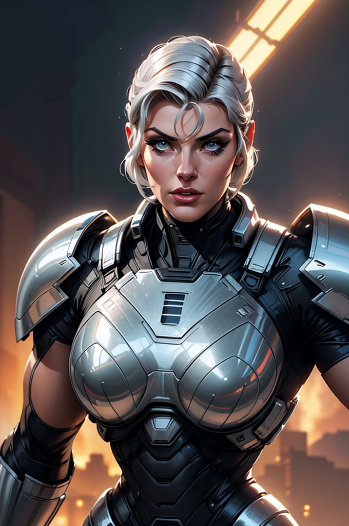 (best quality,8k:1.2,high resolution:1.2),ultra-detalhado,Realistic,retro science fiction female superhero,short hair,rosto extremamente detalhados,long eyelashes,shiny metalic chrome armor, Apertado,gloves,Physically-based rendering,foco nítido,white studio lighting