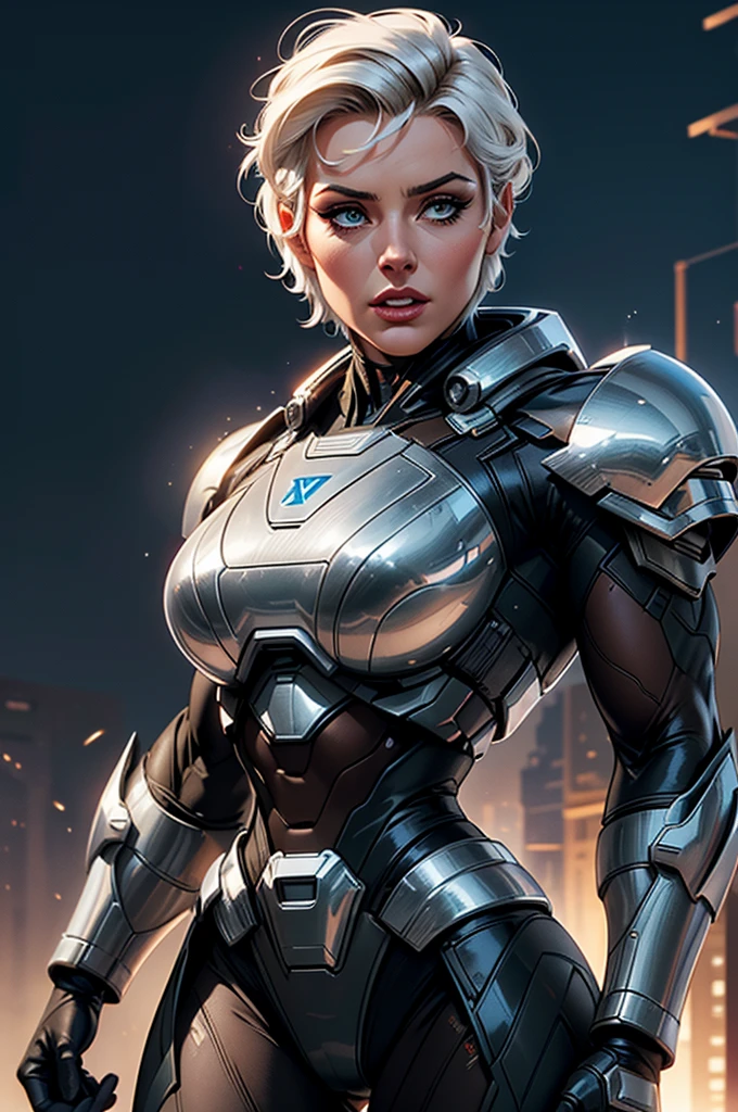 (best quality,8k:1.2,high resolution:1.2),ultra-detalhado,Realistic,retro science fiction female superhero,short hair,rosto extremamente detalhados,long eyelashes,shiny metalic chrome armor, Apertado,gloves,Physically-based rendering,foco nítido,white studio lighting