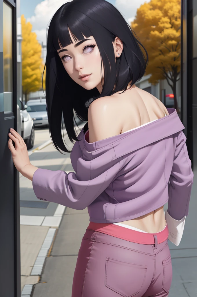 master part, absurdos, Hinata\(Boruto\), 1girl, sozinho,Mature female, Capuz roxo,mangas em camadas, brown pants, ao ar livre, Cloudy sky, perfect composition, circunstanciado lips, peito grande, beautiful face, body propotion, corar, (pink lips), cabelos pretos curto (black hair), lilac eyes, olhar suave, super realistic, circunstanciado, Photo Session, rosto e corpo realistas, Realistic hair, olhos realistas, nariz realista, realistic lips, brown pants, anime, Dancing lightly. On your back, with your chin under your shoulder, looking back sensually, sexy smile, closed mouth. Different Pose.