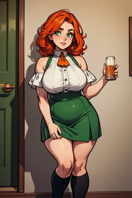 freckles, beautiful, masterpiece, red-orange hair, plump breasts, plump hips, plump thighs, hourglass-figure, irish, large eyes, green pupils, curly hair, long hair, red-orange eyebrows, nose, thick eyelashes, beer jug, bare shoulders, white 1800's top, green coreset, green skirt, white thigh-high socks, black tap-shoes, st-patrics day, white skirt, two-toned skirt