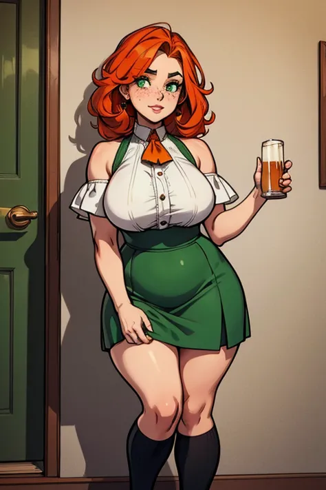 freckles, beautiful, masterpiece, red-orange hair, plump breasts, plump hips, plump thighs, hourglass-figure, irish, large eyes,...