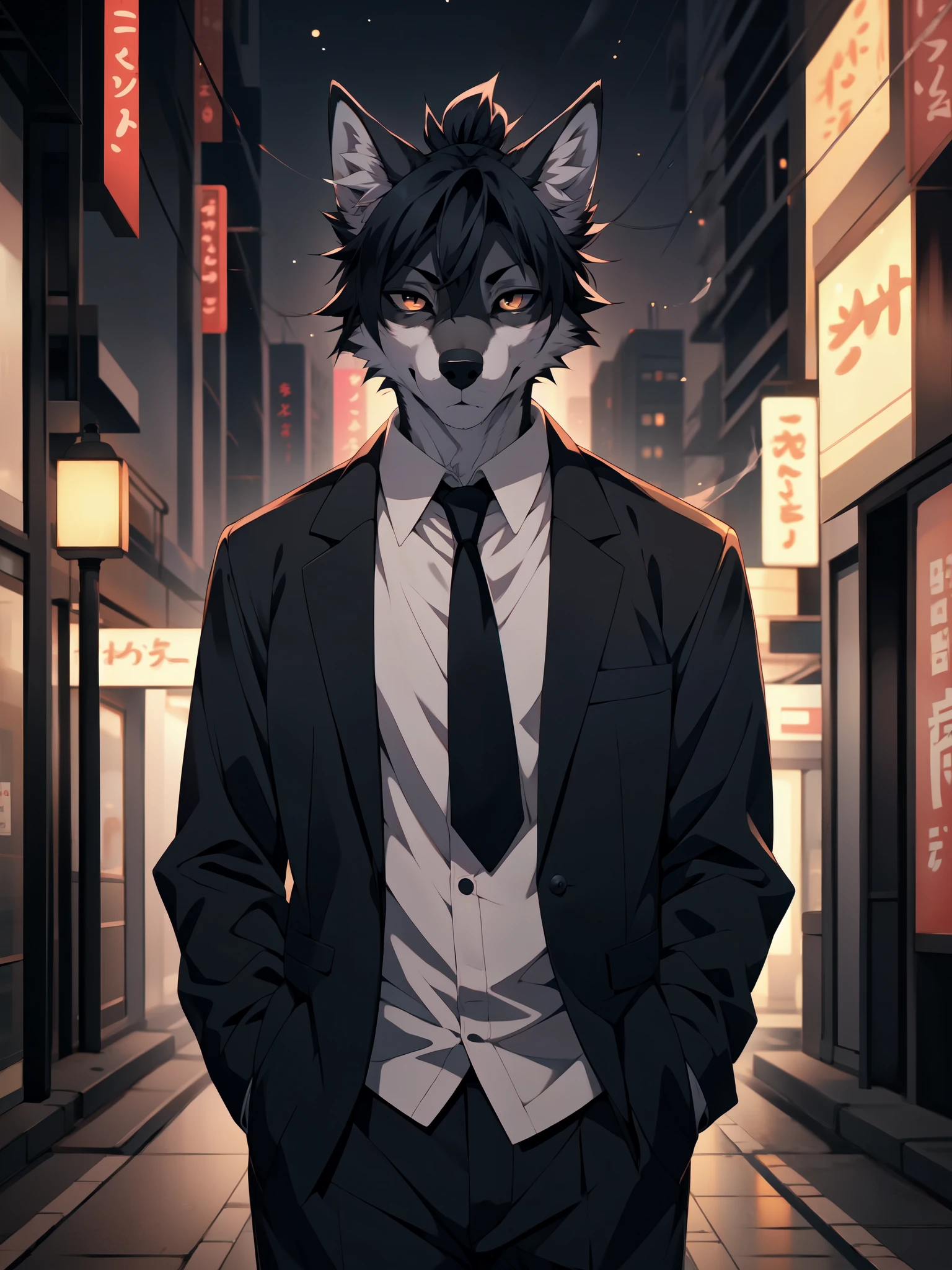 masterpiece, best quality, high quality, 1boy, solo, male focus, looking at viewer, upper body, hayakawa_aki, black hair, topknot:1.4, a furry anthro black wolf, black wolf ears, white ear fluff, cute snout, black nose, detailed black eyes with white sclera, wearing suit and tie, white button up shirt underneath, smoking a cigarette, walking, in a beautiful Tokyo city at night, hands in his pockets, serious face, by fumiko, by hyattlen, by hioshiru, upper body shot