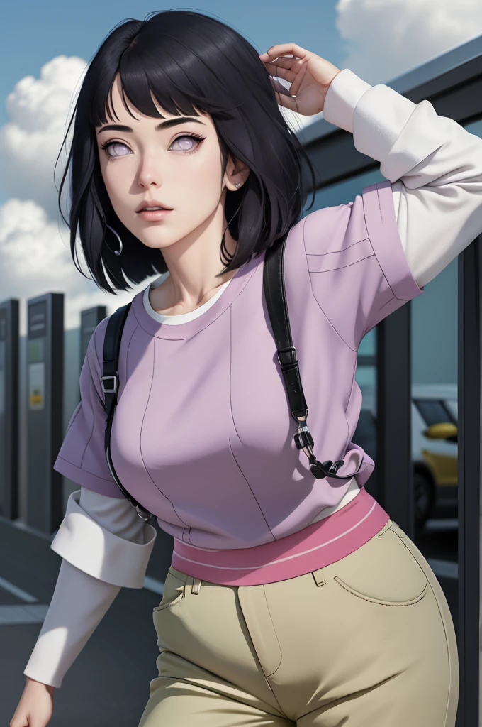 { - anatomy error}(Masterpiece - Ultra-detailed, very high resolution) , absurdos, Hinata\(Boruto\), 1girl, sozinho,Mature female, Capuz roxo,mangas em camadas, brown pants, ao ar livre, Cloudy sky, perfect composition, circunstanciado lips, peito grande, beautiful face, body propotion, corar, (pink lips), cabelos pretos curto (black hair), lilac eyes, olhar suave, super realistic, circunstanciado, Photo Session, rosto e corpo realistas, Realistic hair, olhos realistas, nariz realista, realistic lips, brown pants, anime, reading, writing, dynamic poses, closed mouth. Different Pose.