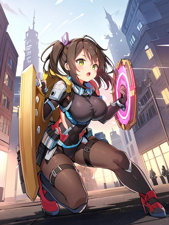 Extreme detail,masterpiece,futuristic city,girl with (energy shield):1.3,tight-fitting bodysuit,protecting herself from danger,using shield in battle,futuristic buildings,flying cars,shield growing brighter,repelling invader