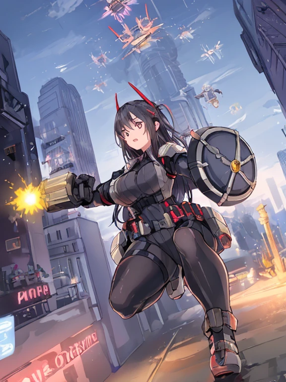 Extreme detail,masterpiece,futuristic city,girl with (energy shield):1.3,tight-fitting bodysuit,protecting herself from danger,using shield in battle,futuristic buildings,flying cars,shield growing brighter,repelling invader