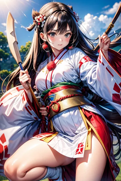 queen of the ainu、cute、Ainu pattern clothes、white and red clothes、Ainu pattern、has a spear