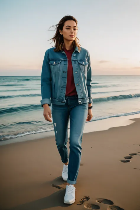 a woman walking along the beach in jeans and a denim jacket