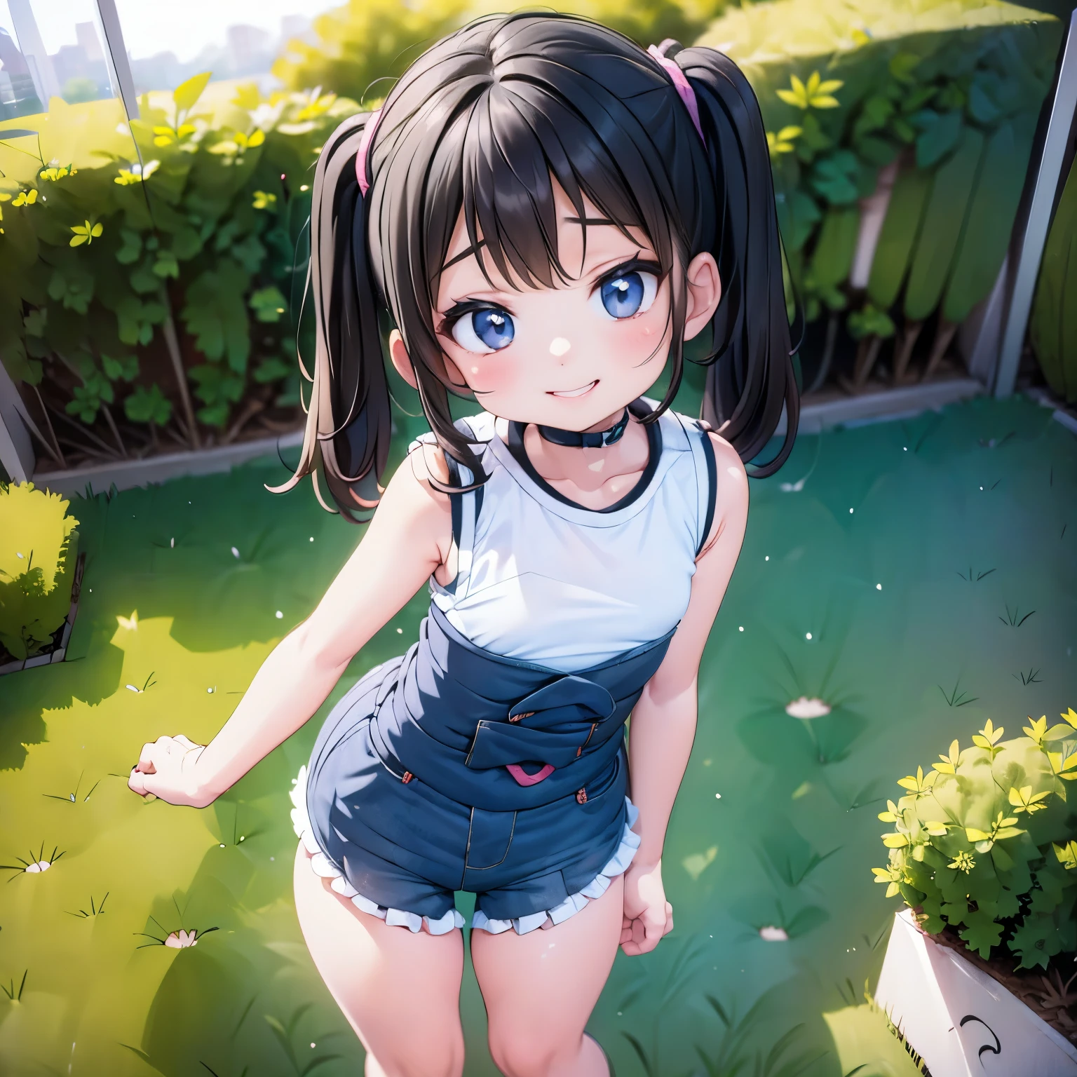 Anime girl with ponytails and blue eyes standing in a garden - SeaArt AI