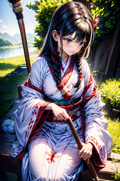 queen of the ainu、cute、Ainu pattern clothes、white and red clothes、Ainu pattern、has a spear