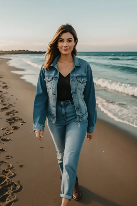 a woman walking along the beach in jeans and a denim jacket