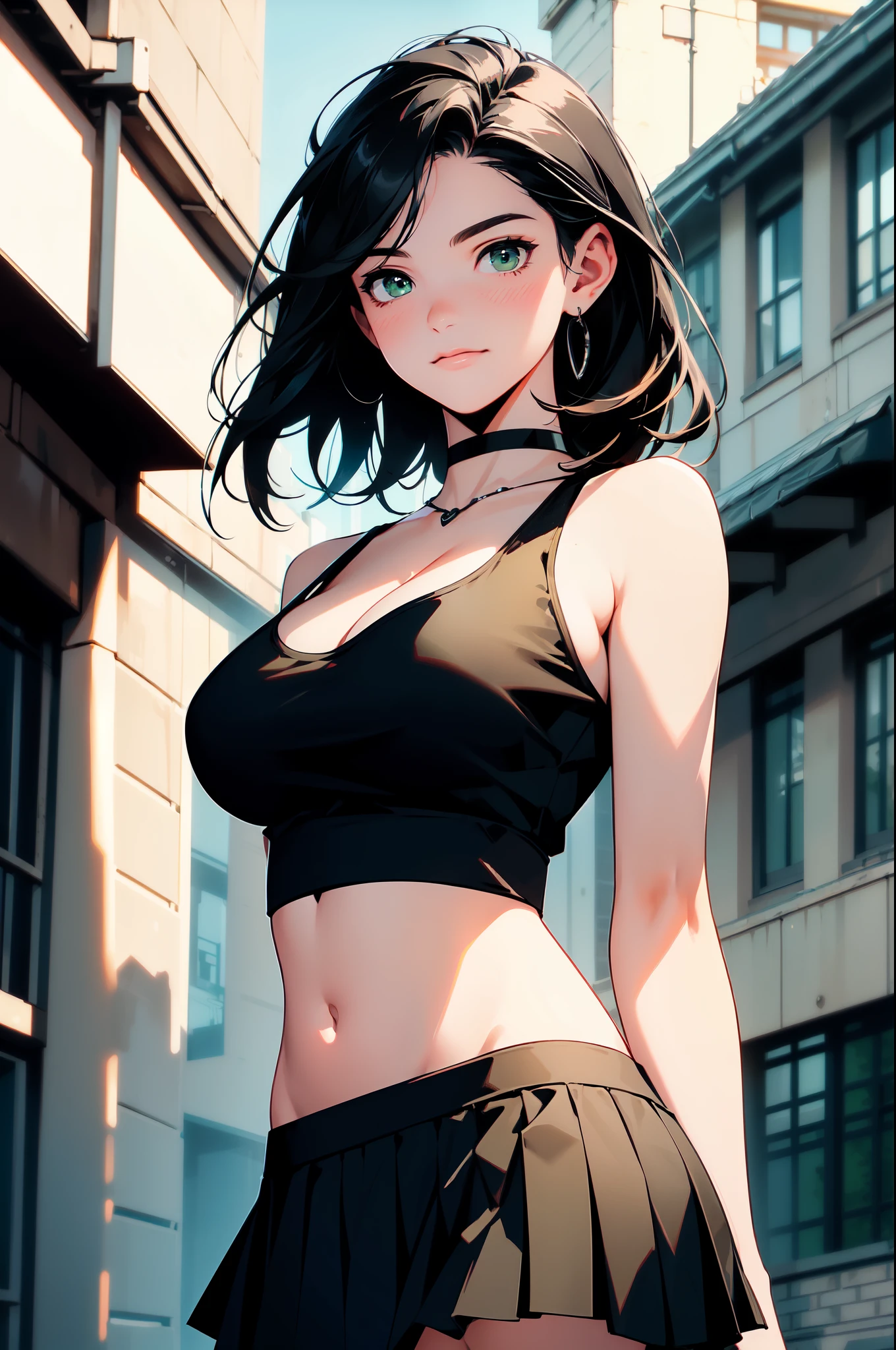 ((Masterpiece)), ((Best Quality)), Ultra High Resolution, HDR, absurderes, 8K, (1 girl), intricate details, ultra-detailed, dramatic lighting, blushing, smile, green eyes, short black hair, bob hair, choker, crop top, (black tank top), (black pleated mini skirt), gorgeous girl, large breasts, cleavage, gorgeous body, vivid colors, full body view, sharp focus, detailed illustration, detailed background, outdoors, depth of field, shy, feminine, professional artwork, standing up, in city