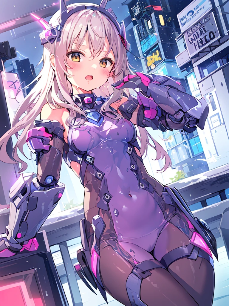 ((masterpiece:1.4、highest quality))+、(super detailed)+、
1 girl、cyberpunk city、flat chest、wavy hair、mecha clothes、(robot girl)、Cool move、Silver Bodysuit、colorful background、Wet day、(lightning effect)、Silver Dragon Armor、(cold face)、cowboy shot、pretty girl