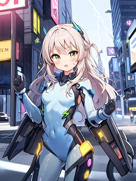 ((masterpiece:1.4、highest quality))+、(super detailed)+、
1 girl、cyberpunk city、flat chest、wavy hair、mecha clothes、(robot girl)、Cool move、Silver Bodysuit、colorful background、Wet day、(lightning effect)、Silver Dragon Armor、(cold face)、cowboy shot、pretty girl