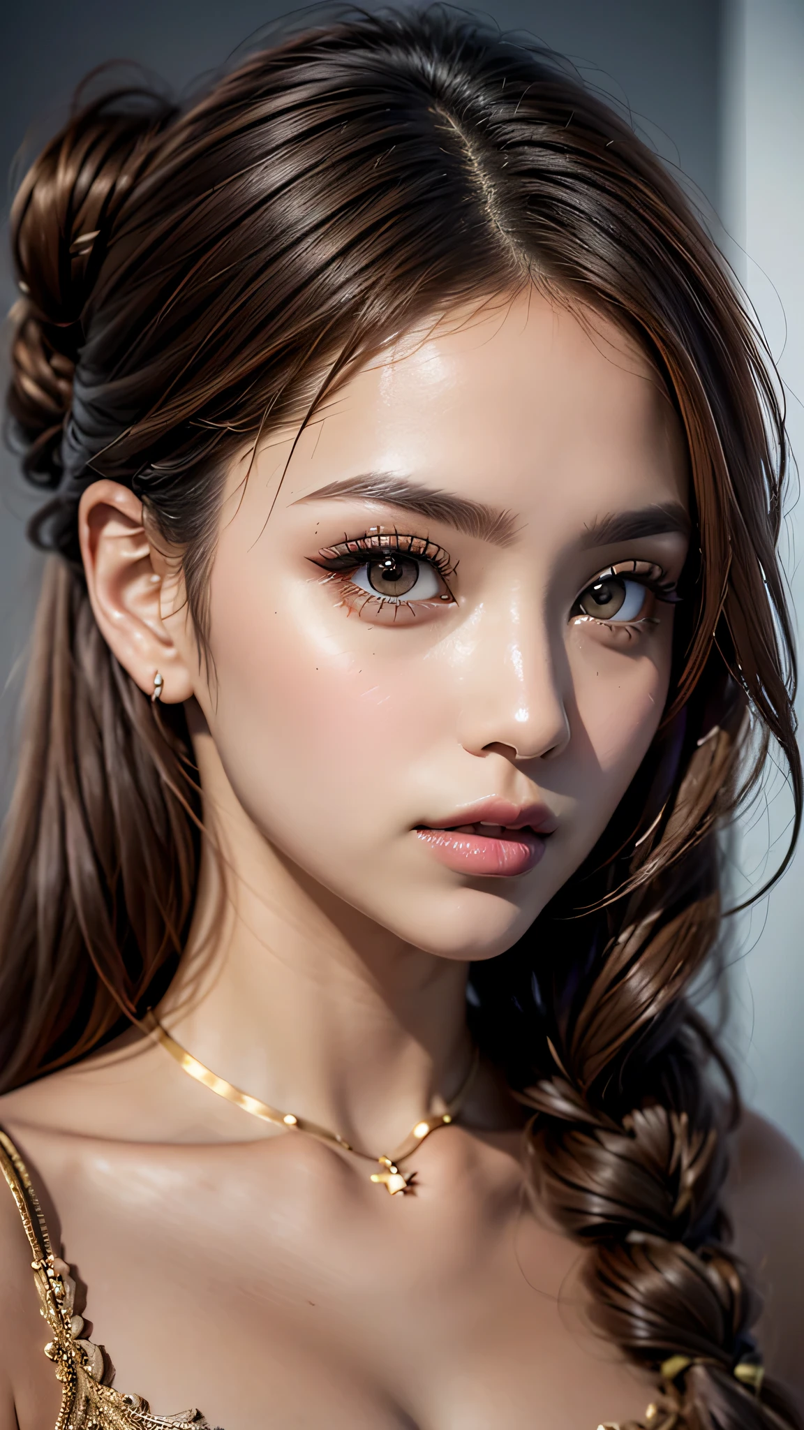 Ultra-realistic、 ultra-detailed primetime portraits、 最high quality、 8K, highest level、 The ultra -The high-definition)、(Super beautiful)、(beautiful face:1.5)、(detailed face:1.5)、(detailed eyes:1.2)、(detailed lips:1.35)、(Detailed nose:1.2)、1girl:1.4   22 years old、fashion supermodel、 real:1.55、photorealistic:1.55、very delicate and beautiful、fine detailasterpiece、 最high quality、 high quality、 High resolution、 (Glamour、 paparazzi taking pictures of her)、 (light、 side-braids low medium red hair、 extremely detailed)、 high contrast、 (dark shot:1.08)、 Long 2blue_eyelashes:1.4、 (dark_eyeshadows:1.25)、 ((Glossy)) red_lipstick:1.45、(perfect round eyes)、 ((brown_eyes:1.3))、 (dark_makeup:1.3)、(tanned matte skin:1.2)、 ((upper body shot))