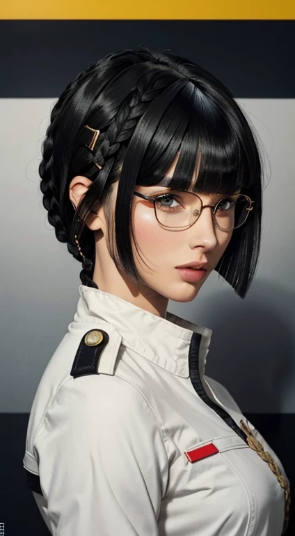 Movie Poster,Anime Reference 86 ,Science Fiction,Sci-Fi,Movies,War Action Movies,Multiple Characters,Women,Adults,Black Hair,(Pia bangs hairstyles : 1.8 ),wearing red glasses,general's uniform,white commander uniform,realistic face details,realism,3d face,((braided hairstyle)),((braided hairstyle)),