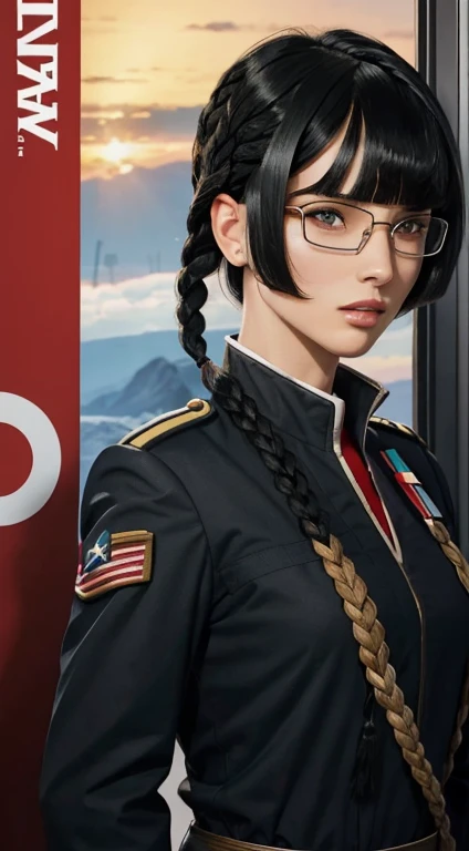 Movie Poster,Anime Reference 86 ,Science Fiction,Sci-Fi,Movies,War Action Movies,Multiple Characters,Women,Adults,Black Hair,(Pia bangs hairstyles : 1.8 ),wearing red glasses,general's uniform,white commander uniform,realistic face details,realism,3d face,((braided hairstyle)),((braided hairstyle)),