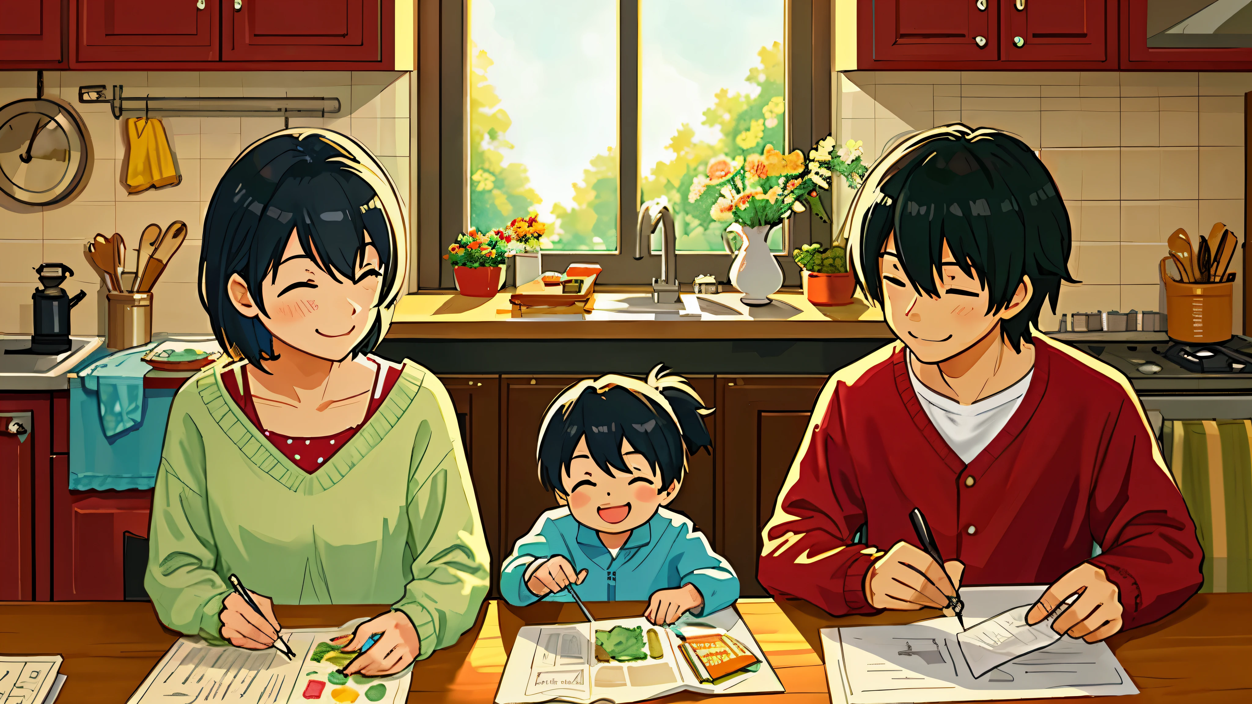 
Create a charming scene of a happy family morning, where everyone is happily involved in breakfast. Mom is in the kitchen, preparando algo delicioso, while dad reads the newspaper. Two small children, Um menino e uma , are excited and smiling at the table. A imagem deve ter um estilo desenhado em aquarela, providing a dynamic and realistic feel with rich details. Use cores vibrantes, muita luz, and emphasize details to catch children&#39;s attention.