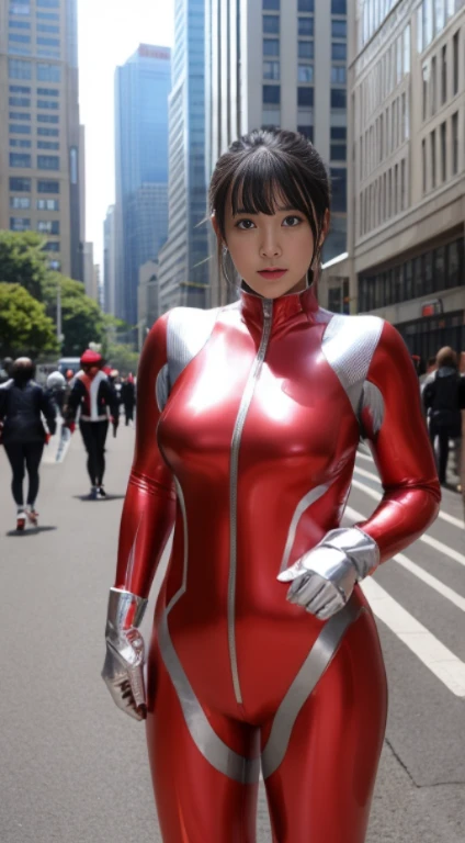 Ultraman、Giant、Height 50 meters、woman、realistic、realistic、cinematic lighting, Glossy suit、Ultraman's Bodysuit、Glossy silver and red suit、professional photos、Don&#39;Does not expose the skin, japanese model, Tight thin cyber suit,whole body rubbery、ordering sauce、Big eyes、black short hair、walking pose、Standing facing the front、laughter、Background of buildings、Big city background、