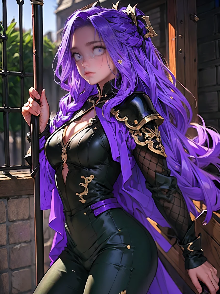 22 year old girl, dead inside, empty look, evil, crazy, purple hair, straight hair, imperial armor, fishnet, armored legs, Very athletic body, Perfect woman proportions body, sexy, robes ,armor, wind power, wants to fight, doesn't know anything but violence, martial arts, the girl is holding a whip made out of wind, in her hand she has a whip that is fabricated out of wind, fighter, martial arts, elegant, wild eyes, hesitant, only attacks, wind magic, conjure wind, dark purple hair with a pinkish reddish second layer, hesitant, no confidence, breaks eye contact, no grasp of good and evil, dark color clothes, dark armor, wind armor, black and purple robes, clothes are black and purple, no cleavage, black robes, purple robes, dark purple hair, silk robes, her outfit includes leggings, details in eyes, non blurry eyes, correct orientation of eyes, purple pupils, pretty eyes, she can use wind magic to make weapons, she is wielding a whip made out of wind, her eyes show a state of anxiety, her facial expressions depict anxiety, The outfit the girl is wearing should have colors that consist of purple and black, her clothes are purple and black in color, she is wearing purple and black clothes.