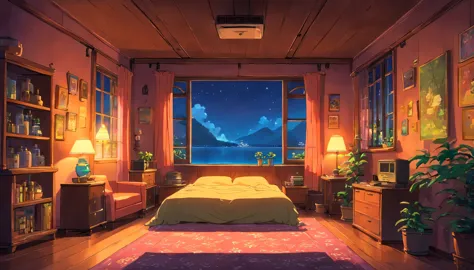  cozy room at night, Usando fones de ouvido, Anime estilo 2D, Lo-fi, disco Rigido, Ambiente escuro