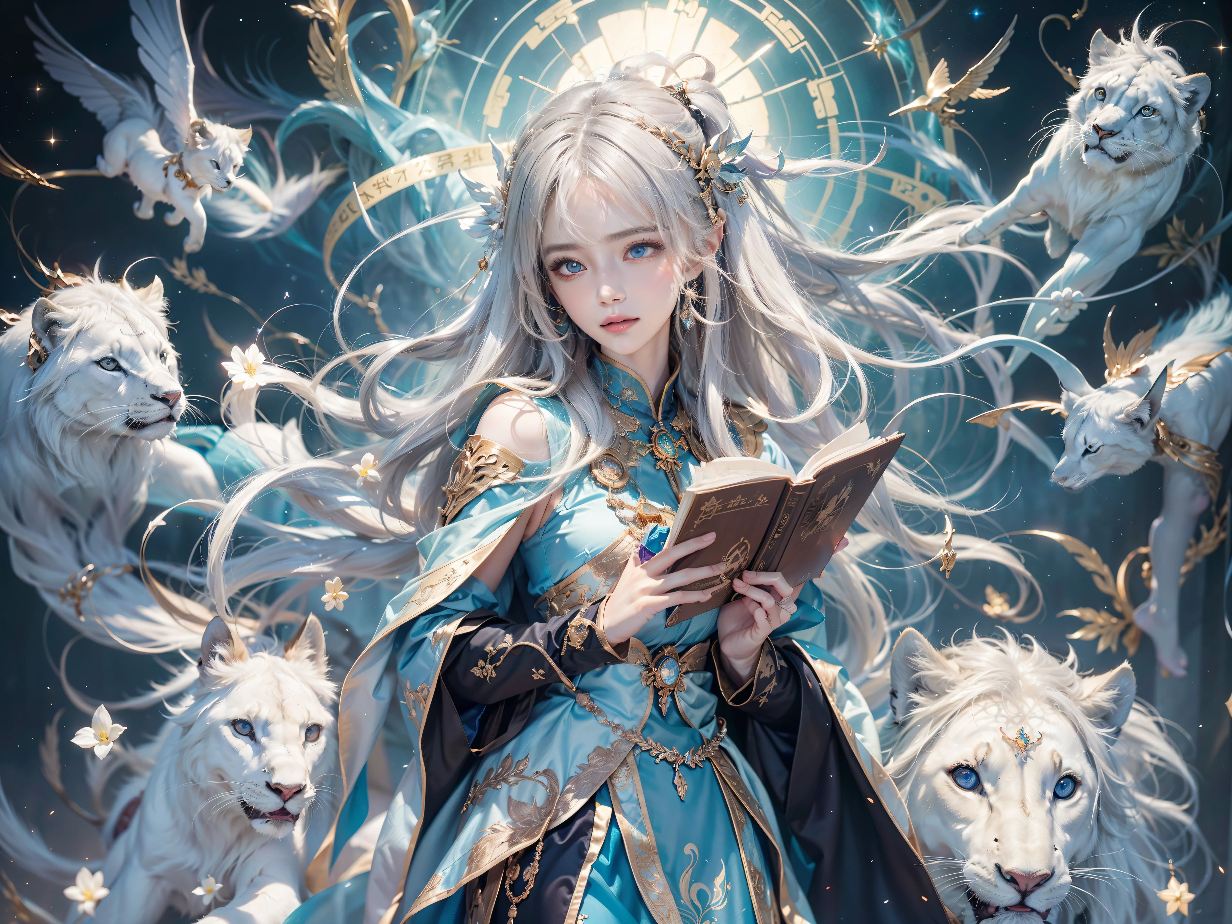 The crystal castle sealed by the magic book,Blood,night, dark, (fantasy),infinitude,dark blue sky,The abyss of knowledge,Cowlic,((on the table)), (((best quality))),((beautiful fine eyes)),(eyelash)、Beautiful girl rides huge white lion，Wear armor、(1 girl)、The perfect human structure、Black Hair Flying in the Wind、long hair、abyss eyes、shiny skin、oil、small 、Wizard robes、in rags with、realistic jacket、tenchi、Super exquisite CG Unity 32k wallpaper、​Masterpiece, ((Super detailed)), ((Enlightenment)),Colorful,wallpaper,energy,Unknown terror,difficult to understand,around magic,magical environment,Magic wand,This book,Flight page,know everything,Predicting the Future、Learn about the past、Unlimited wisdom、blue flame、Warlock、magic circle、five-pointed star、spell、mantra、Sing magic