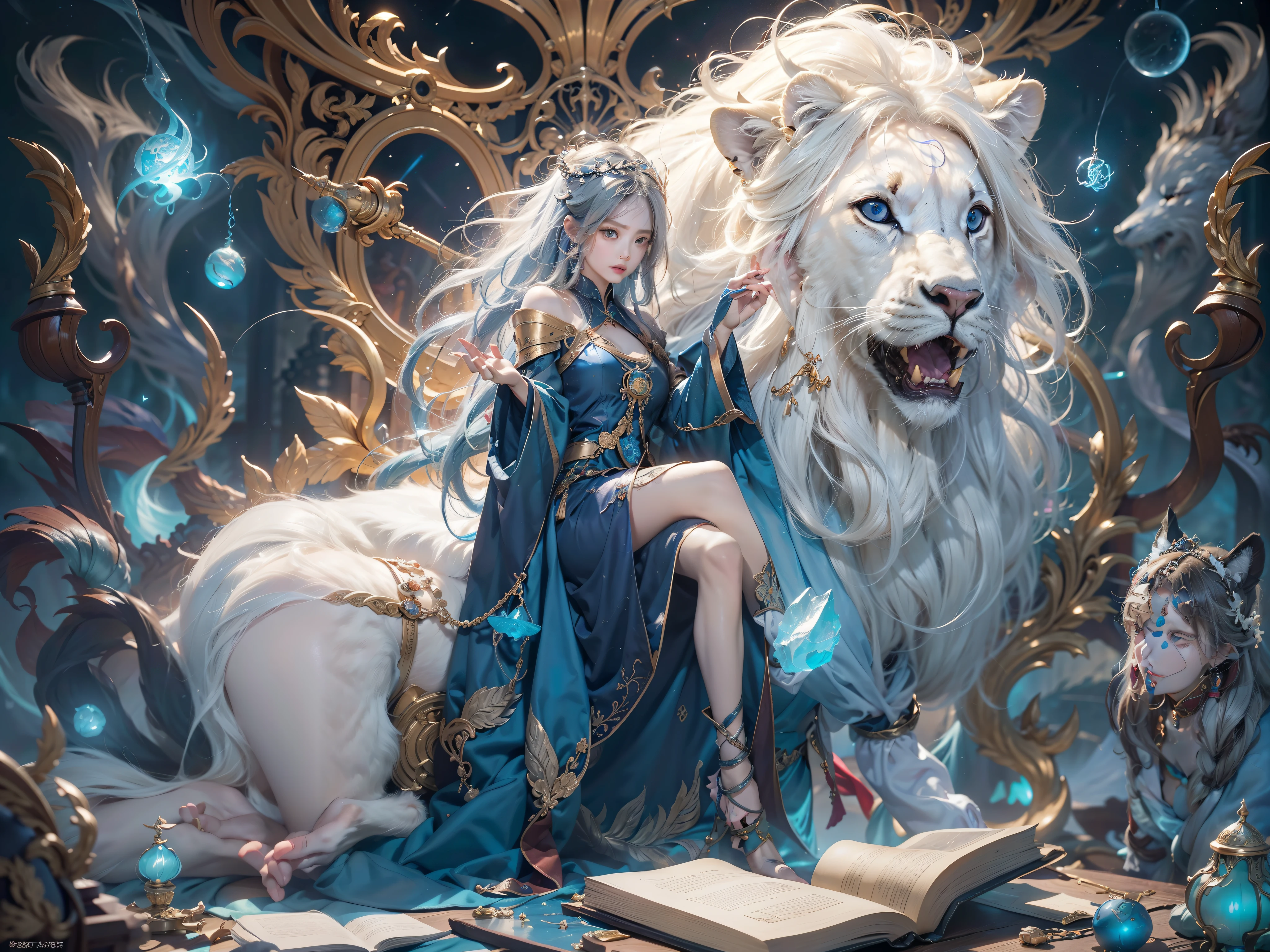 The crystal castle sealed by the magic book,Blood,night, dark, (fantasy),infinitude,dark blue sky,The abyss of knowledge,Cowlic,((on the table)), (((best quality))),((beautiful fine eyes)),(eyelash)、Beautiful girl rides huge white lion，Wear armor、(1 girl)、The perfect human structure、Black Hair Flying in the Wind、long hair、abyss eyes、shiny skin、oil、small 、Wizard robes、in rags with、realistic jacket、tenchi、Super exquisite CG Unity 32k wallpaper、​Masterpiece, ((Super detailed)), ((Enlightenment)),Colorful,wallpaper,energy,Unknown terror,difficult to understand,around magic,magical environment,Magic wand,This book,Flight page,know everything,Predicting the Future、Learn about the past、Unlimited wisdom、blue flame、Warlock、magic circle、five-pointed star、spell、mantra、Sing magic