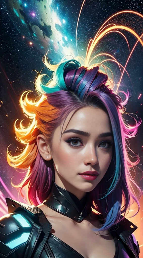 A stunning woman with vibrant neon hair, enchanting closed smile, happy lips, looking to the right, glowing in the midst of galaxy formations, painted by david diaz and sakimichan, detailed and realistic textures, orange and yellow palette colors, surreal and mysterious, hyperrealistic, modern art, 8k digital painting, trending in Artstation, cinematic lighting, and dynamic composition.