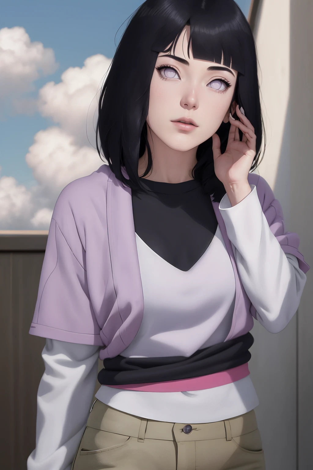 { - anatomy error}(Masterpiece - Ultra-detailed, very high resolution) , absurdos, Hinata\(Boruto\), 1girl, sozinho,Mature female, Capuz roxo,mangas em camadas, brown pants, ao ar livre, Cloudy sky, perfect composition, circunstanciado lips, peito grande, beautiful face, body propotion, corar, (pink lips), cabelos pretos curto (black hair), lilac eyes, olhar suave, super realistic, circunstanciado, Photo Session, rosto e corpo realistas, Realistic hair, olhos realistas, nariz realista, realistic lips, brown pants, anime, reading, writing, dynamic poses, closed mouth. Different Pose.