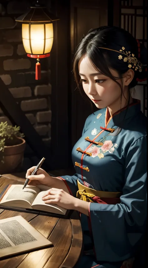 A photo of a beautiful girl in a traditional Chinese dress looking at ancient chinese book under lamp on a low table in garden s...