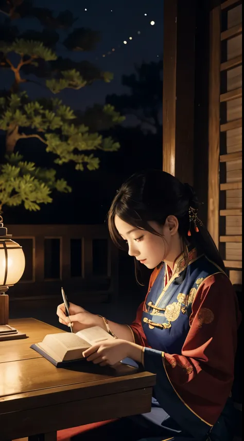 a photo of a beautiful girl in a traditional chinese dress looking at ancient chinese book under lamp on a low table in garden s...