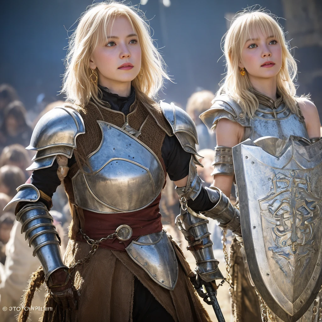 1 girl, Middle Earth Paladin ,Wearing armor ,Magic sword and powerful shield, Detail armor, Rusty armor, chain armor, Queen's Crown, Fight goblins to protect innocent villagers, witch, short, thin, square face, olive skin, platinum blonde, golden eyes, short Nose, thin Lips, round chin, Shoulder length hair, curls, blunt bangs, soft breasts, hug earrings, lavender satin lipstick, volcanic wasteland, River of fire flows into molten sea, (close up:1), (look at the audience),8k, (best quality:1.2), (masterpiece:1.37), (photo, photorealistic:1.37), (ultra high resolution), photographed by Canan EOS R6, 135mm, 1/1/2.8, ISO 400