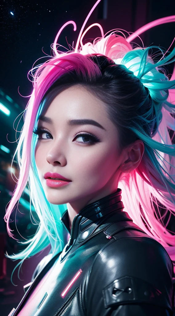 A stunning woman with vibrant neon hair, enchanting closed smile, happy lips, looking to the right, glowing in the midst of galaxy formations, painted by david diaz and sakimichan, detailed and realistic textures, monochromatic colors, surreal and mysterious, hyperrealistic, modern art, 8k digital painting, trending in Artstation, cinematic lighting, and dynamic composition.