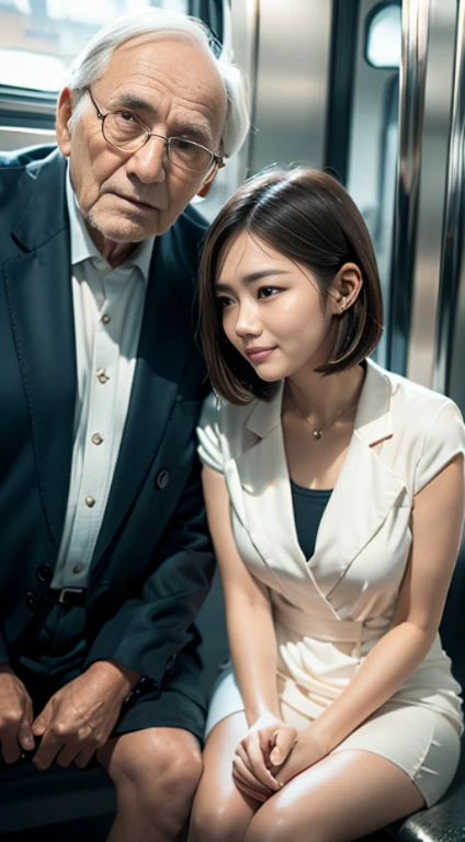 (1 teen girl sitting next to 1 old man:2,close to each other:1.2,wrapping old man’s arm around girl’s shoulder),(very cute face,embarrassed:1.2),bob cut,sailor ,upskirt,inside train,perfect anatomy, masterpiece, best quality,8k,perfect face,from front,upper body
