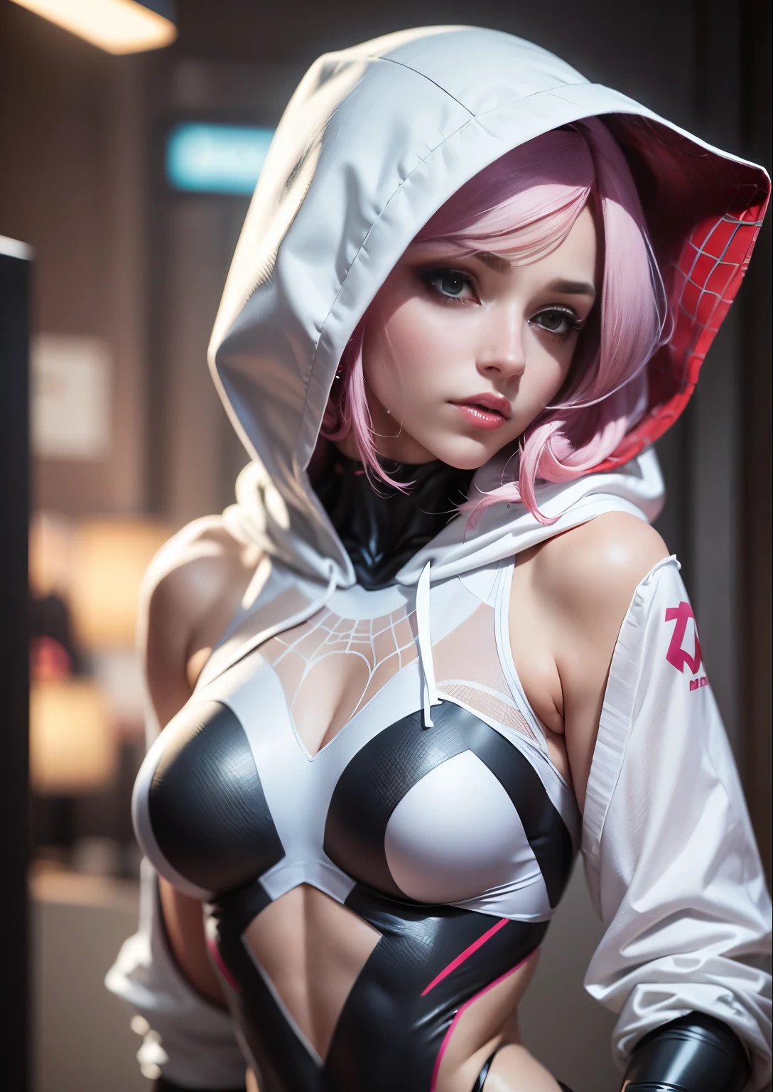 a close up of a woman with pink hair wearing a white hoodie, spider gwen, spider - gwen, spider-gwen, wearing white silk hood, maya ali as a cyber sorceress, in spandex suit, amouranth as a super villain, ( ( spiderwoman ) ), clothed in hooded, shiny white skin, tease, gwen stacy